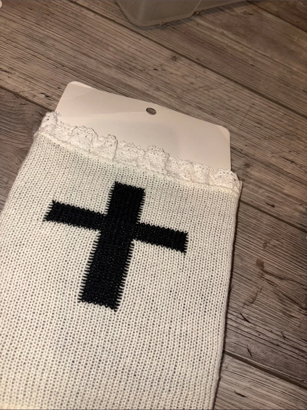 NWT grey cross leg warmers with white lace trim